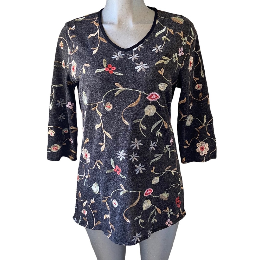 Mechant Floral Embroidered Tunic Top V Neck Cottagecore 3/4 Sleeve Fairycore Med